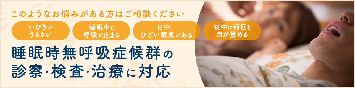 このようなお悩みがある方はご相談ください いびきがうるさい 睡眠中に呼吸が止まる 日中、ひどい眠気がある 睡眠時無呼吸症候群の診察・検査・治療に対応